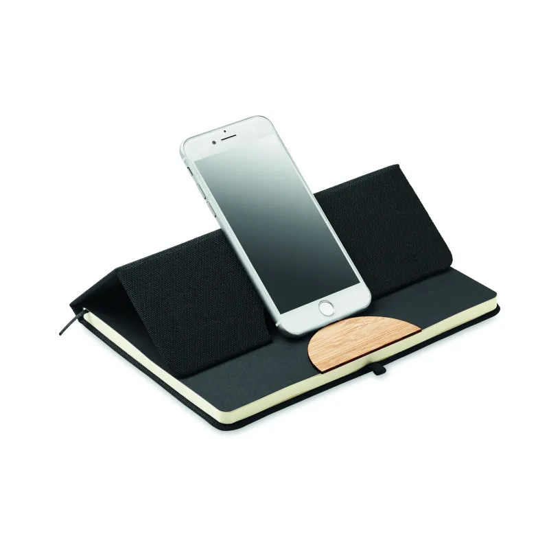 Carnet A5 en RPET et bambou avec support smartphone – personnalisable
