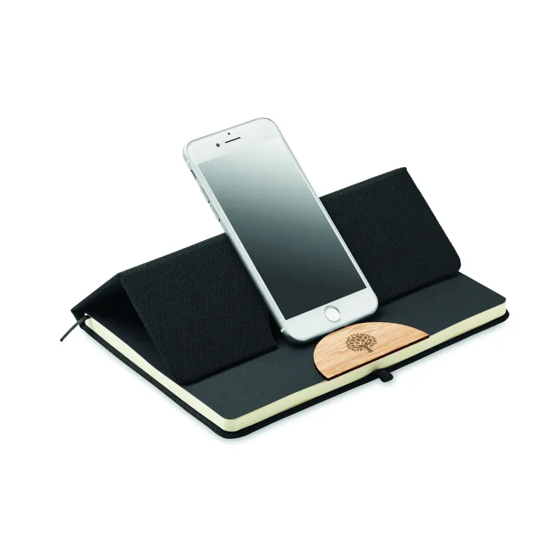 Carnet A5 en RPET et bambou avec support smartphone – personnalisable