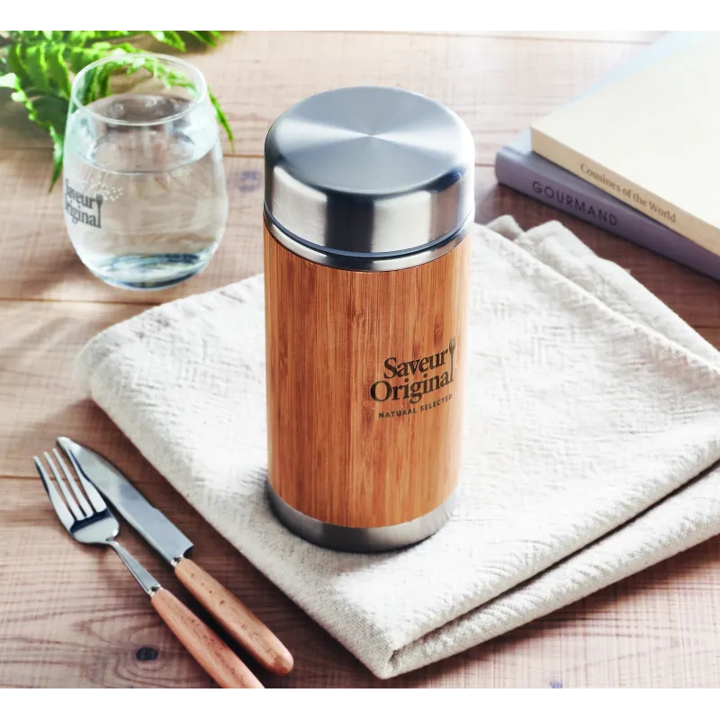 Bocal alimentaire isotherme personnalisable acier bambou