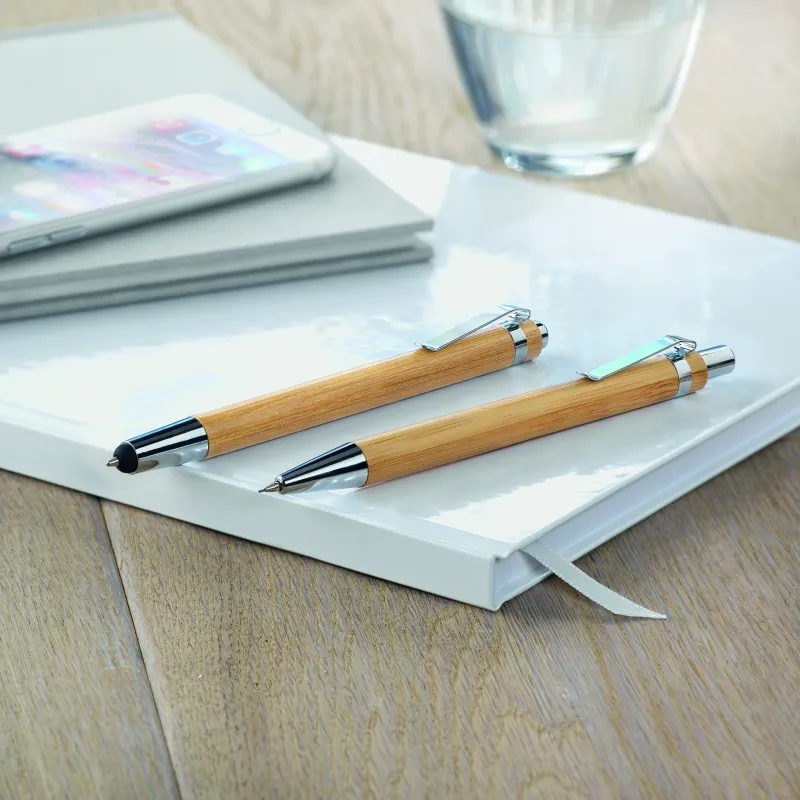Coffret stylo et portemine en bambou – Stylo tactile encre bleue & boîte personnalisable