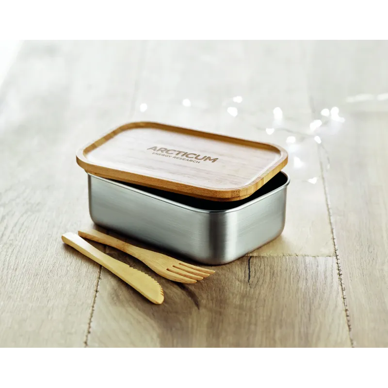 Lunchbox personnalisable inox & bambou – Avec couverts, 600 ml